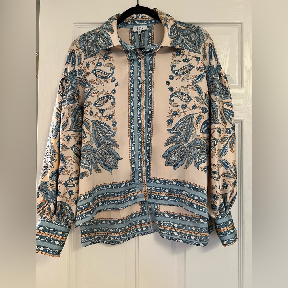 Satin multi print button down top